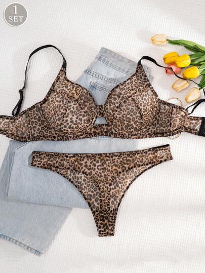 1pc Set Women Plus Size Solid Leopard Print Seamless Lingerie Bra And Panty Set, Lift