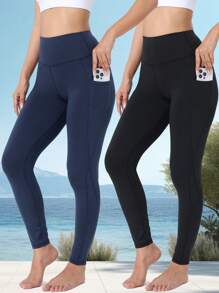 Bộ 2 quần legging thể thao nữ mùa hè, cạp cao, ôm sát, màu trơn, có túi, thích hợp cho chạy bộ, tập yoga ngoài trời, tập gym, tập thể dục, quần bó sát dài đến mắt cá chân, thích hợp cho mùa xuân. - Nhiều màu - Xem 3