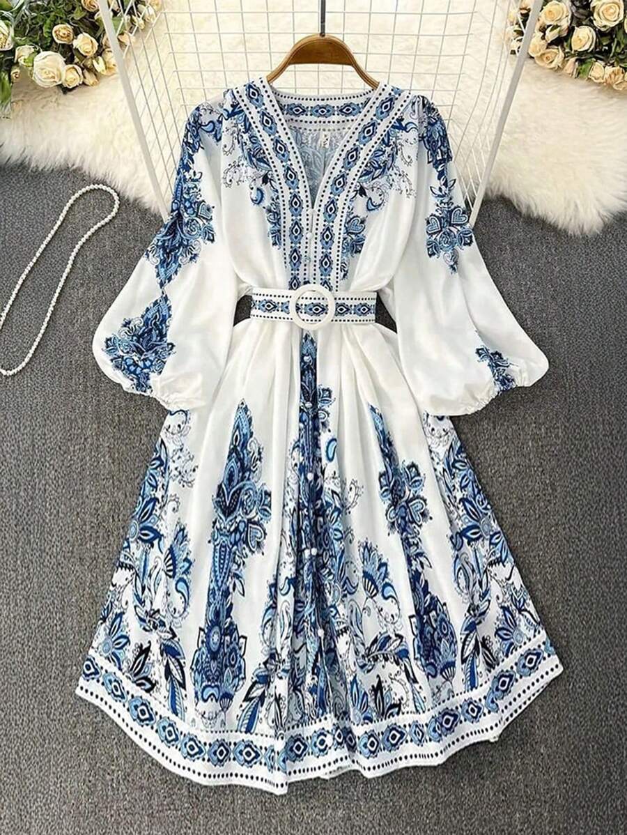 Long Floral Print Balloon Sleeve Button Front Dress - Blue - View 1