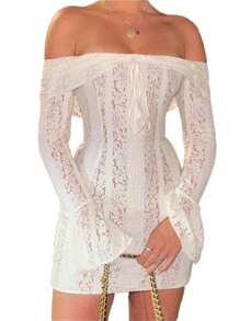 Women Off Shoulder Lace Dress Floral Pattern Bow Ruched Boat Neck Long Sleeve Slim Fit Short Dresses - White - View 6