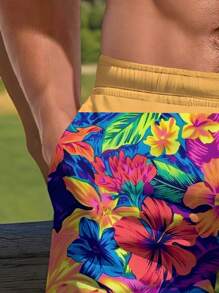 Swimming, Colorful Flowers, Leaves, Men's Summer Vacation, 3D Printed Hawaiian Style Shorts - Multicolor - View 5