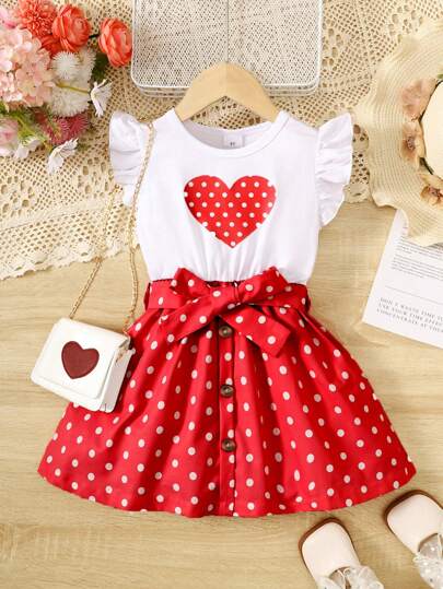 Girls' Fashion Sleeveless Round Neck Heart & Polka Dot Print Patchwork Princess Dress, Suitable For 4-7 Years Old Children, Outdoor, Street, School, Daily Wear