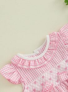 Baby Girls Plaid Bow Embroidery Romper - Ruffled Sleeveless Jumpsuit For Infants - Pink - View 8