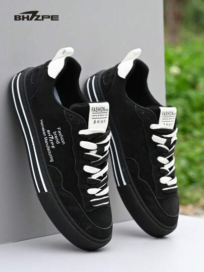 BHZPE Men's Solid Color Canvas Skateboard Shoes, Comfortable Anti-Skid Lace-Up Athletic Sneakers Suitable For Outdoor Activities