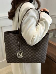 New Fashion Women's Large Capacity Full Body Print Design Letter Pattern Decoration Design Double Handle Tote Bag Suitable For Work And Commuting,School Bag,Large Capacity,Portable,Classic Casual,Business Casual,For Teen Girls Women College Students,White-Collar Workers,Perfect For Work,Back To School,Middle School,High School,College,Vacation, Fashionable Tote Bag With Zipper