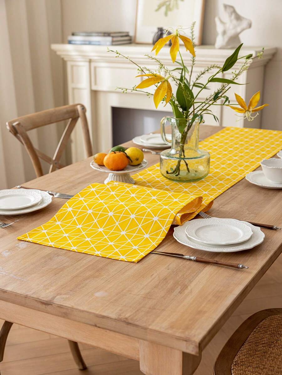 1 szt. Bohemian Yellow Rectangular Table Runner, Geometryczny wzór, Wiosna/Lato Dekoracyjny obrus na bufet, szafka na buty, Odporny na kurz i plamy, Nadaje się do domu, kuchni, jadalni, posiłków, pikników, grilli, kempingu, na zewnątrz, świąt, imprez, codziennego wystroju domu