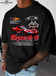 男士新款赛车休闲个性字母印花短袖T恤搭配休闲裤适合旅行/度假/户外露营/运动，国际赛车 - 黑色 - 查看 1