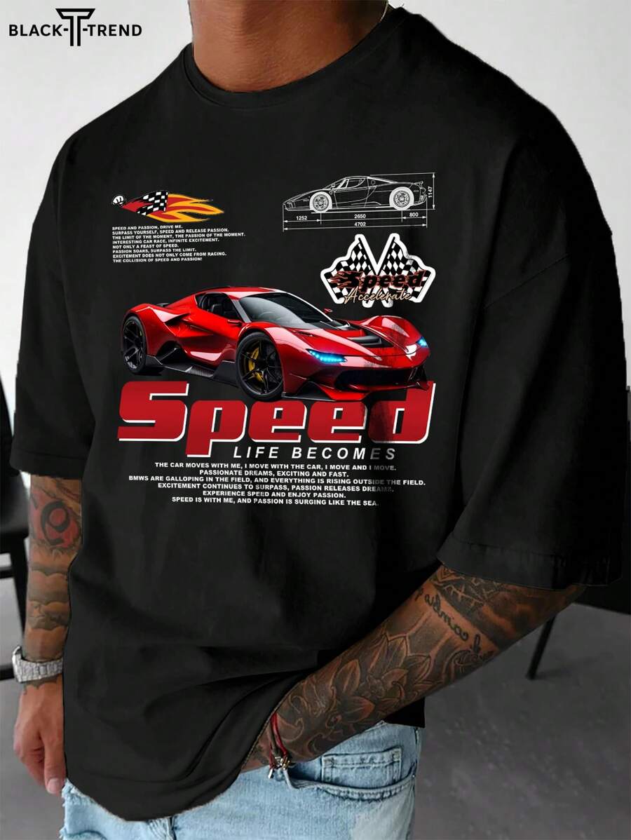 男士新款赛车休闲个性字母印花短袖T恤搭配休闲裤适合旅行/度假/户外露营/运动，国际赛车 - 黑色 - 查看 1