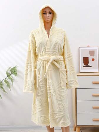 1 件提花 3D 蝴蝶浴袍，带口袋和腰带，柔软毛绒，适合浴室和泳池夏季、假日