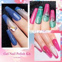 MEET ACROSS 8pcs 7ml Fluorescent Reflective Glitter Gel Nail Polish Set, Pink Blue Sparkle Glitter Neon Gel Polish For Summer, Semi Permanent UV LED Gel Nail Art Varnish All For Manicure Nail Art Salon Home - 彩色 - 查看 6