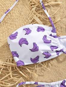PEPPERMOLLY New Soft Fabric Printed Halter Tie-Front Elegant Party Bikini Set, Women Summer Beach Fashion Swimwear, Purple Color - Purple - View 4