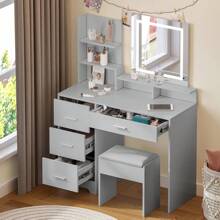 Dressing Table With Stool - 5 Shelves And 4 Drawers, Touch Screen Makeup Mirror With 3-Color Dimmable Lights, Bedroom Vanity Desk For Makeup And Storage - Light Grey - View 2