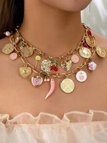 1pc Handmade Assorted Enameled Heart Locket, Cherry Clock, Chilli, Ceramic Charm Stacked Necklace For Women