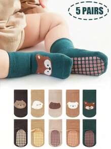 5 Pairs Baby & Toddler Animal Pattern Socks, Non-Slip Dots, Knitted Fabric, Cute Cartoon House Socks