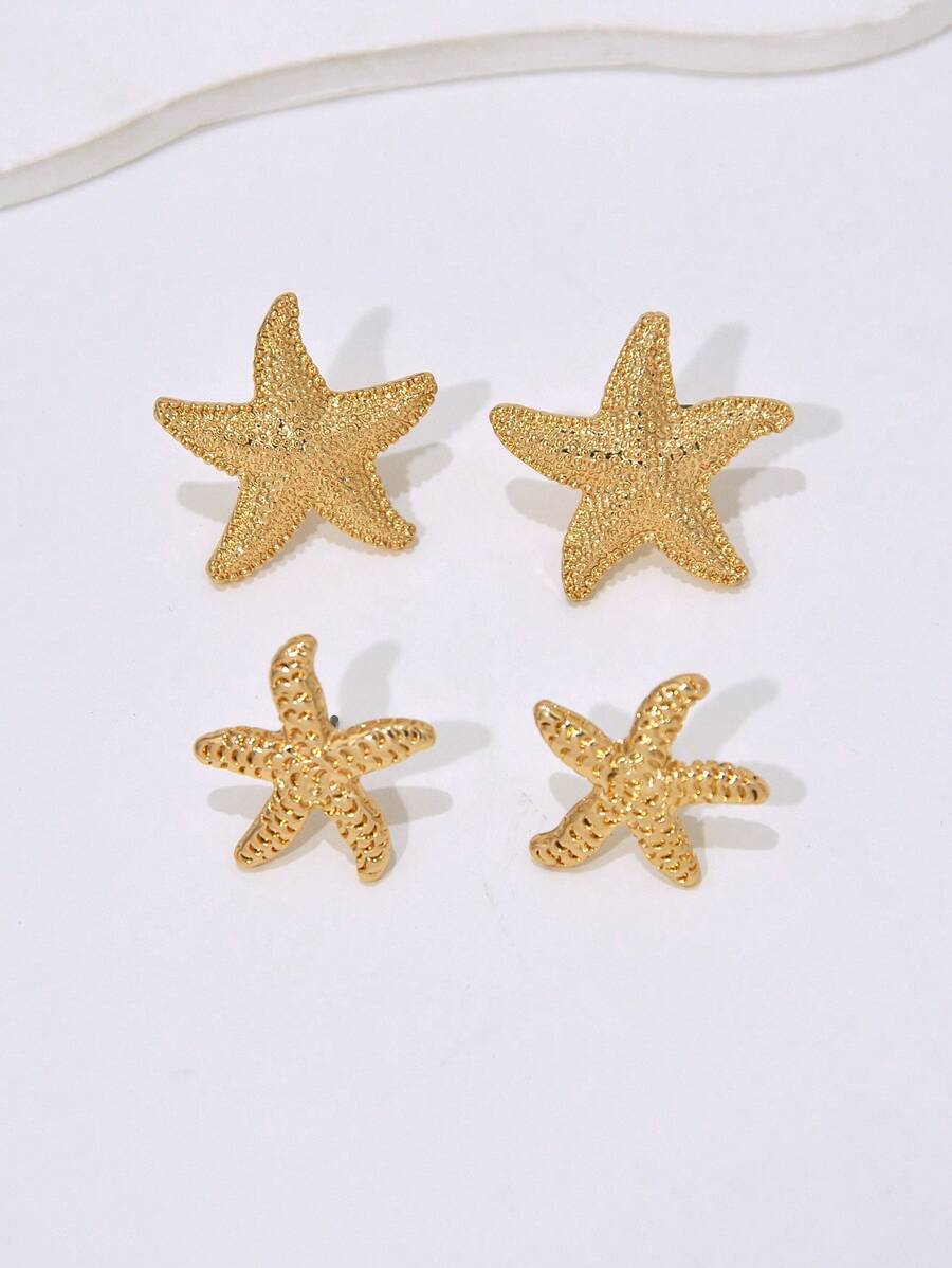 1 Pair Women's Simple Ocean Element Starfish Textured Gold Color Stud Earrings - Yellow Gold - View 1
