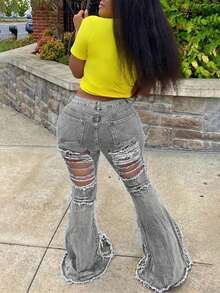 Street Fashion Washed Distressed Wide Leg Denim Jeans - Light Grey - View 2