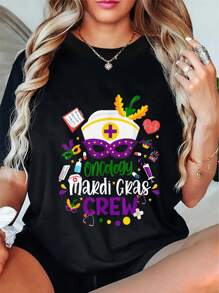 Oncology Mardi Gras Nurse Crew Family Group Nursing Lovers T-Shirt Women's Men's Graphic Tee Causal Tops