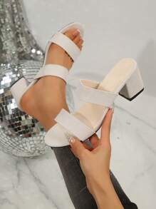 New Fashion Chunky Heel Slip-On Mule Sandals, Women Gold Round Toe,Spring Summer Outfits - White - View 2
