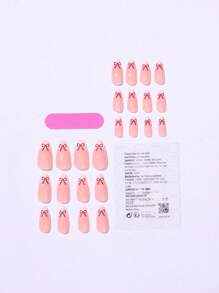 24片中号杏仁形美甲贴片，白色法式尖头，饰有可爱蝴蝶结，优雅可爱，是送给女孩和女士的绝佳情人节礼物。 - 彩色 - 查看 2