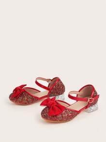 1 Pair Girls' Bow Glitter High Chunky Heel Hollow Comfortable Elegant Versatile New Princess Shoes, Suitable For Spring, Summer, Autumn - Red - View 4