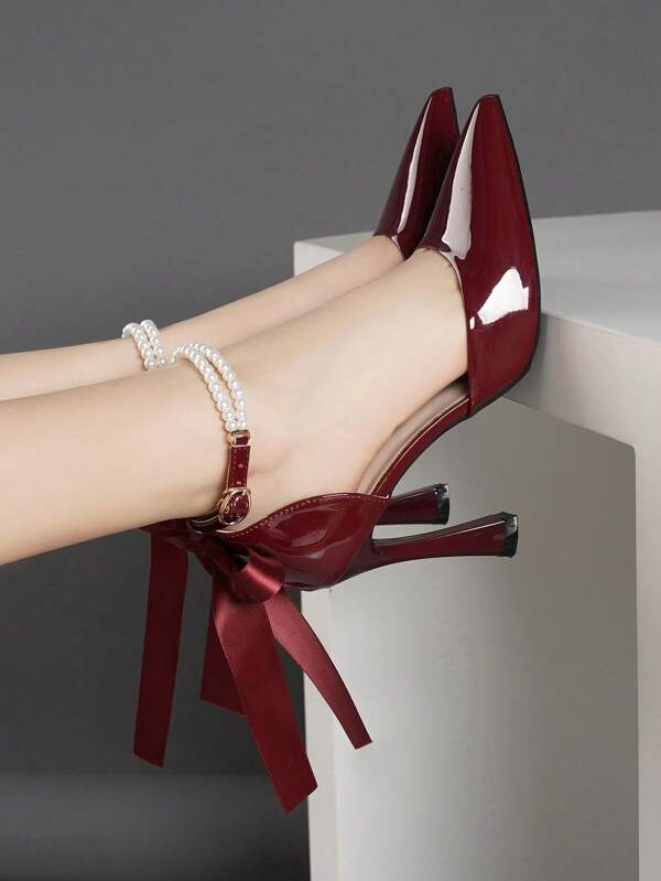 Spring New Fashion Bowknot Black And Wine Red Thick Heel Pointed Toe High Heels, French Shallow Versatile Shoes For Banquet, Wedding