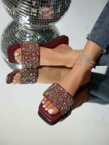 2025 Summer New Sequin Square Toe Strap Slip-On Mule Sandals, Peep Toe, Soft Flat Comfortable Casual Versatile Ladies Beach Slippers - Burgundy - View 4