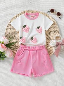 Toddler Girls' Cute 3D Strawberry Top + Fashionable Plain Color Fringed Shorts Set, Casual - Pink - View 3