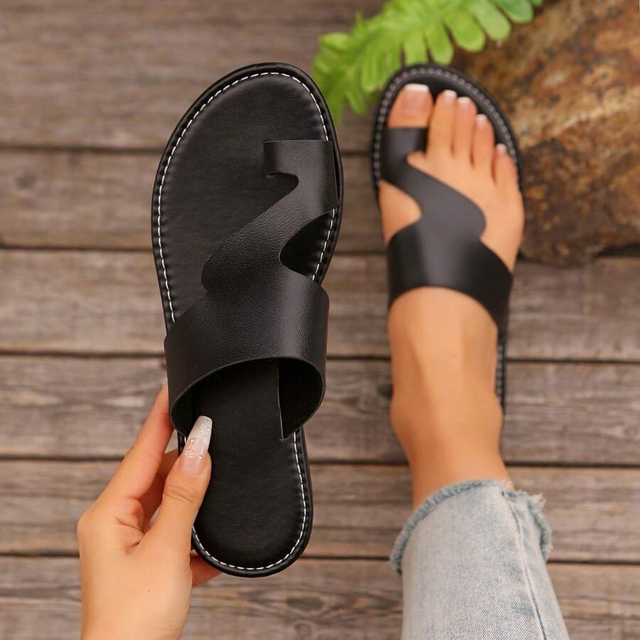 Women's Casual Sports Style Solid Color Outdoor Flat Slip-On Slippers, Comfortable Round Toe Low Heel Beach Sandals