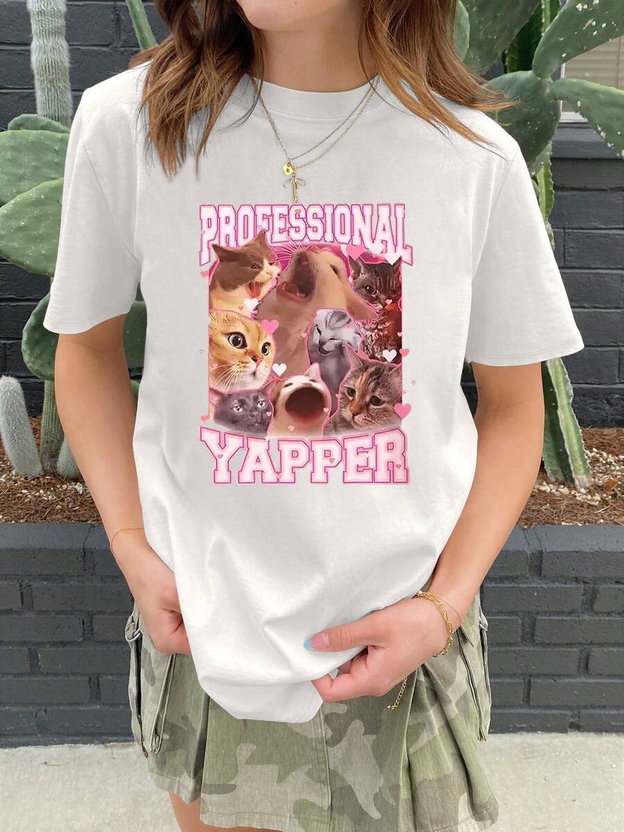 Lässiges Damen T-Shirt mit lockerem Schnitt und Katzen-Muster, geeignet für Sommer, Chinesisches Neujahrsfest, Mondneujahr, Jahr des Pferdes, Frühlingsfest, Frohes Neues Jahr, Valentinstag, Valentinstagsgeschenk, Geschenk für sie - Weiss - Übersicht 1