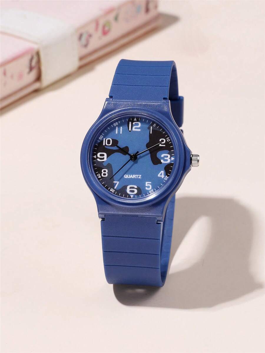 Reloj de moda minimalista con patrón numérico y banda de color camuflaje, para niños/estudiantes - Azul - Ver 1