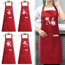 1pc Letter Series Red Base Colorful Letters & Holographic Flower Pattern Cute Heart Printed Apron, Perfect For Parties And Weddings, Made Of Peach Skin Fabric,Kitchen,Bathroom,Home,Household Suppliers-Unique Name Initials Meaning Style - Brown - View 1