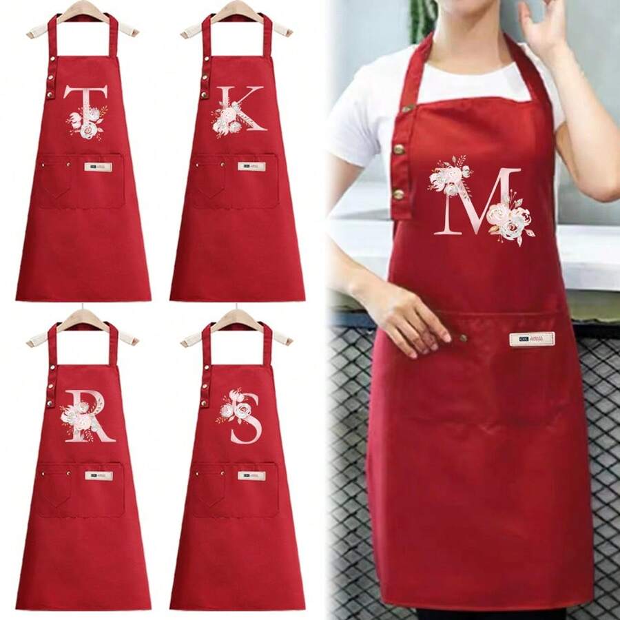 1pc Letter Series Red Base Colorful Letters & Holographic Flower Pattern Cute Heart Printed Apron, Perfect For Parties And Weddings, Made Of Peach Skin Fabric,Kitchen,Bathroom,Home,Household Suppliers-Unique Name Initials Meaning Style - Brown - View 1
