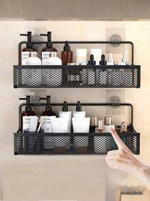 2pcs/1pc Wall Mounted Makeup Organizer, Makeup Storage Rack, Shower Caddy, Bathroom Storage Shelf, Kitchen Rack, Wall Mounted Bathroom Organizer, Iron Storage Basket, Suitable For Cosmetics And Bath Products, Shower Rack For Shampoo, Toner And Makeup, Bathroom Accessories, Dorm Supplies, RV Accessories - Multicolor - View 9