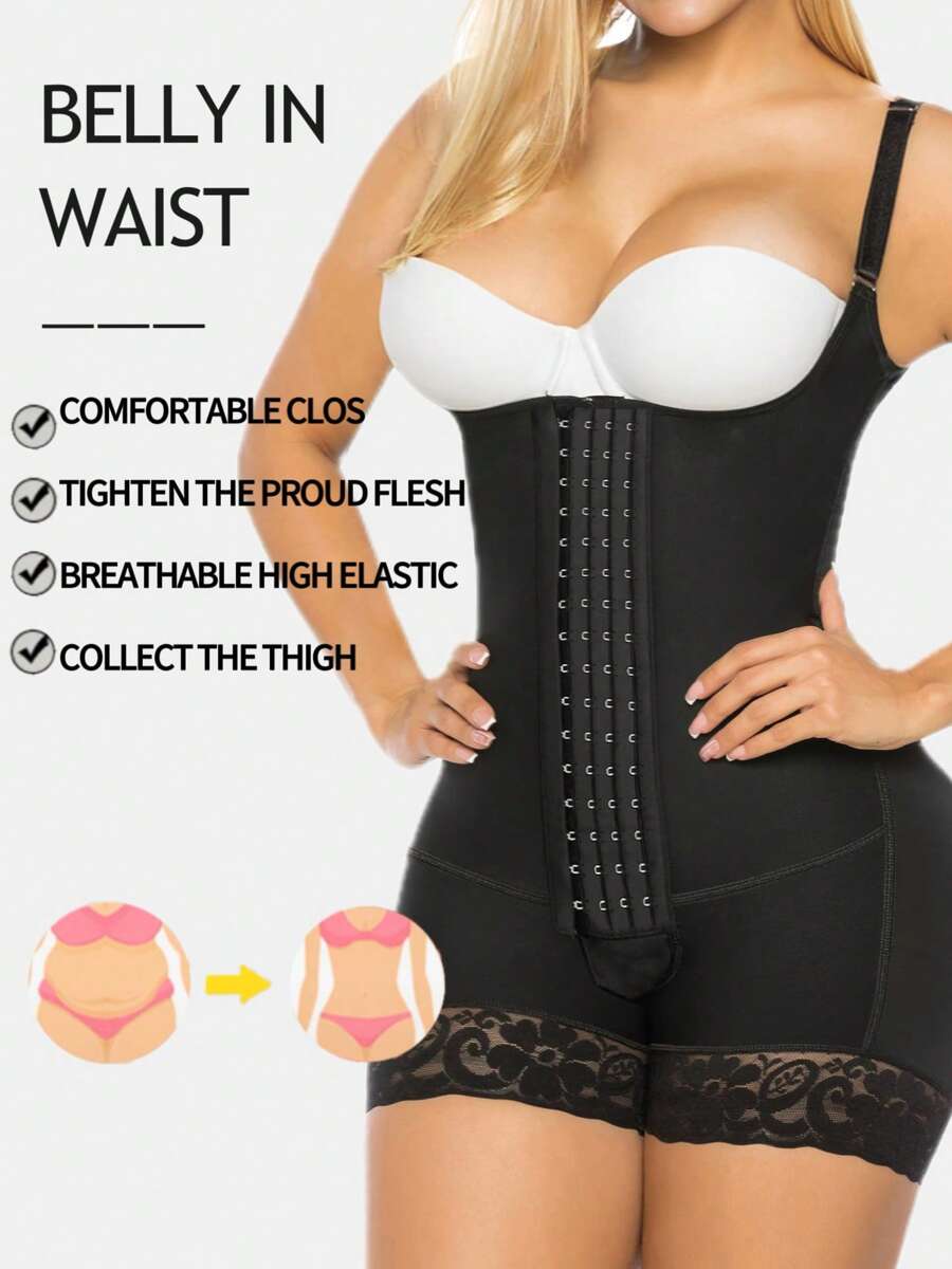 1 件女士提臀收腹塑身衣，带四排挂钩，蕾丝边裤腿采用防滑硅胶设计，多功能塑身器