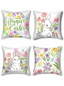 1pc/4pcs Spring Easter Rabbit Flower Egg Letter Polyester Printed Pillow Cover, 45x45cm, Room Decor, Bedroom Decor, Sofa Decor (Without Pillow Insert) - Multicolor - View 12