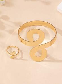 1 Set Elegant Minimalist Metal Hollow Circle Geometric Bangle And Ring, Fashion Versatile Jewelry For Women