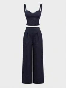 2pcs Set Women Commuting Outfit: Striped Camisole Top + Wide Leg Loose Casual Trousers
