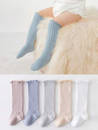 1 双新生儿及膝袜，长款纯色竖条纹筒袜，适合春秋季
