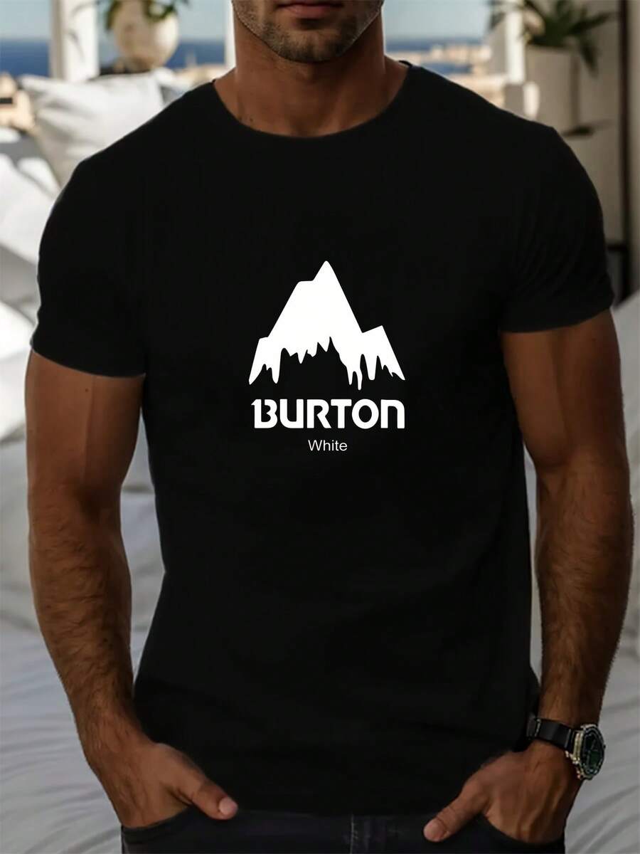 Camiseta con gráfico de letras de montaña retro para hombre, camiseta informal de verano Camiseta de algodón grueso 100 % de 220 g - Negro - Ver 1