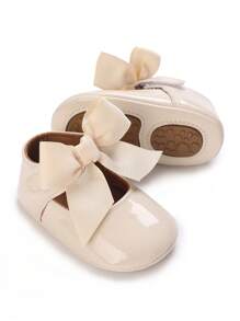 Newborn Infant Girls' Bowknot PU Princess Shoes, Soft Rubber Sole Anti-Slip Flats, Suitable For All Seasons - Apricot - View 3