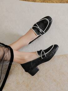 Mengshangli French Retro Square Toe Thick Heel Shoes For Women, All-Season Fashion Shallow High Heels Business Soft Leather Shoes