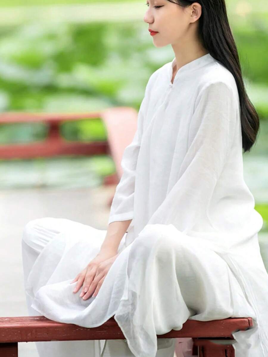 LUCIDVUE 2pcs Set Women Improved Chinese Cheongsam Dress & Wide Leg Pants Suit, Linen Fabric, Zen Style Tea Service, Spring/Summer - White - View 1