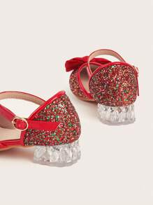 1 Pair Girls' Bow Glitter High Chunky Heel Hollow Comfortable Elegant Versatile New Princess Shoes, Suitable For Spring, Summer, Autumn - Red - View 3