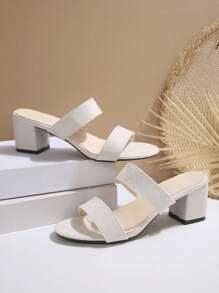 New Fashion Chunky Heel Slip-On Mule Sandals, Women Gold Round Toe,Spring Summer Outfits - White - View 7