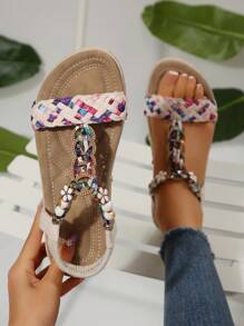 Women Beaded Floral Bohemian Sports Sandals, Plus Size Casual Beach Flat Sandals - Multicolor - View 2
