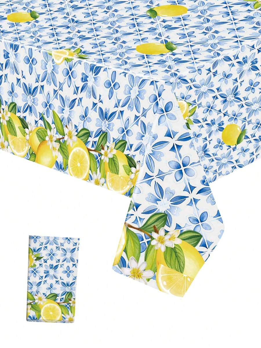 1pc 220*130cm Lemon Tile Pattern Disposable Plastic Tablecloth, Rectangular Plastic Tablecloth, Birthday Party Supplies, Kitchen Dining Table Decor, Home Decor, Waterproof & Stain-Resistant, Easy To Clean