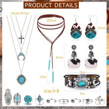 Western Jewelry For Women Bohemian Turquoise Jewelry Set Turquoise Pendant Choker Necklace Turquoise Faux Leather Cuff Bracelet Turquoise Hoop Dangle Earrings Turquoise Joint Knuckle Rings