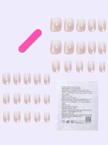 30 stuks/set glanzende vierkante persnagels, schattige gradiënt parel kattenoog melkachtig witte Franse korte tips nagelstickers, geweldig voor vrouwen/meisjes als cadeau, feest of dagelijkse kantoorkleding, met nagelvijlen en dubbelzijdige plakband
