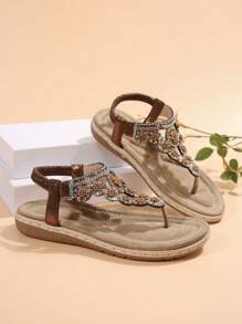 女士水钻波西米亚风运动拖鞋，休闲沙滩平底凉鞋，大码 - 棕色 - 查看 6