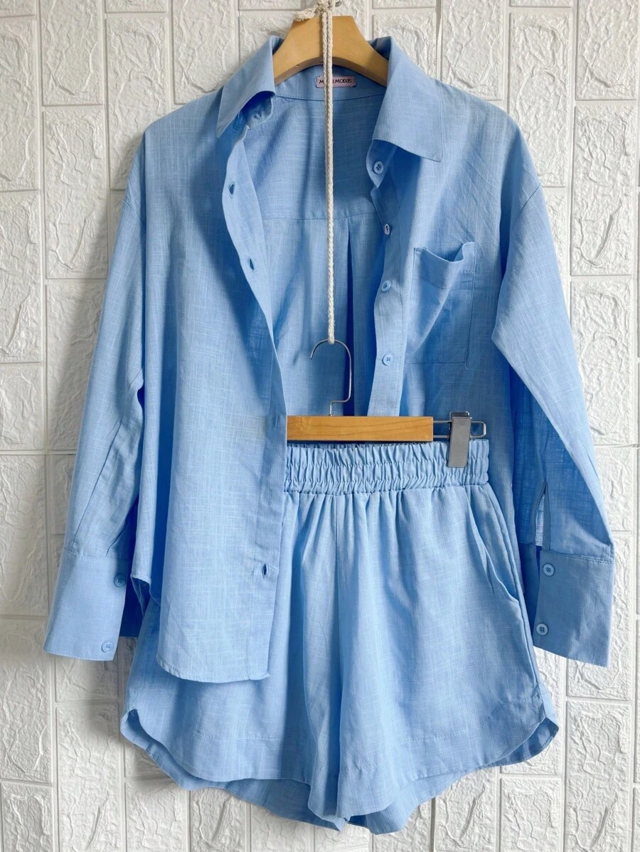 Linen Shirt And Shorts Set - 淺藍色 - 查看 1